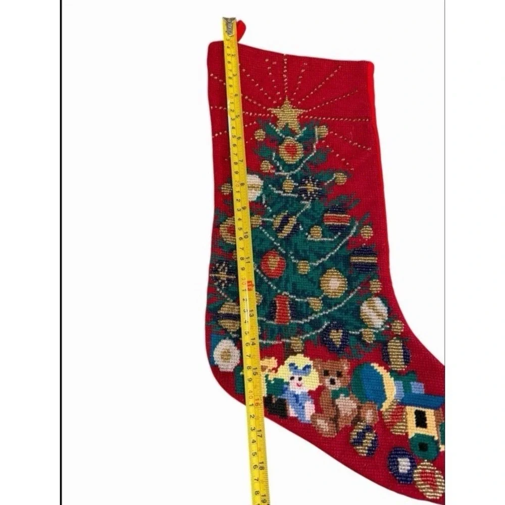 VTG Needlepoint Christmas‎ Stocking Glass Beaded Train Tree Gifts Wool Velvet